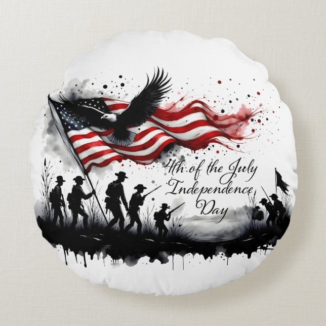 4th of July Patriotic Art with Flag & Soldiers Round Pillow (Front)
