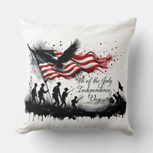 4th of July Patriotic Art with Flag & Soldiers Throw Pillow (Front)