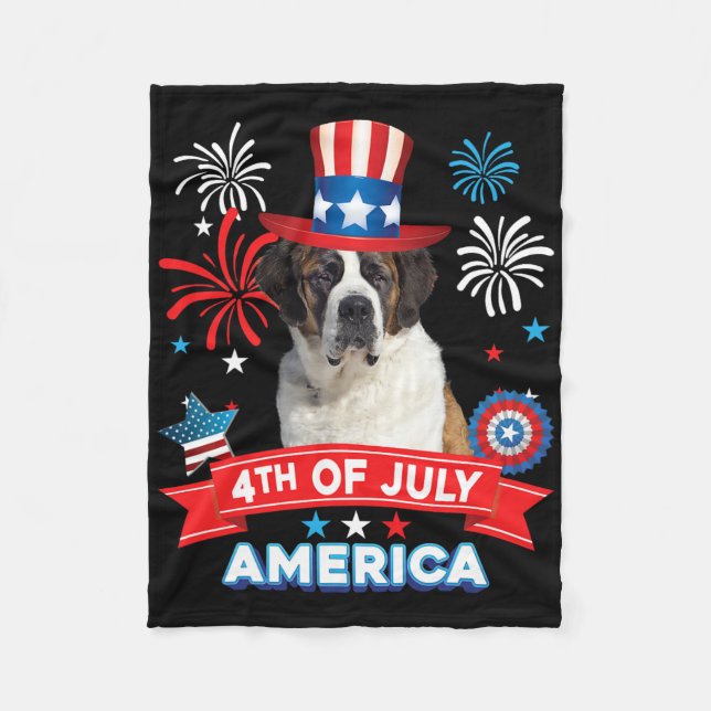 4th Of July Patriotic Day St. Bernard Dog Independ Fleece Blanket (Front)