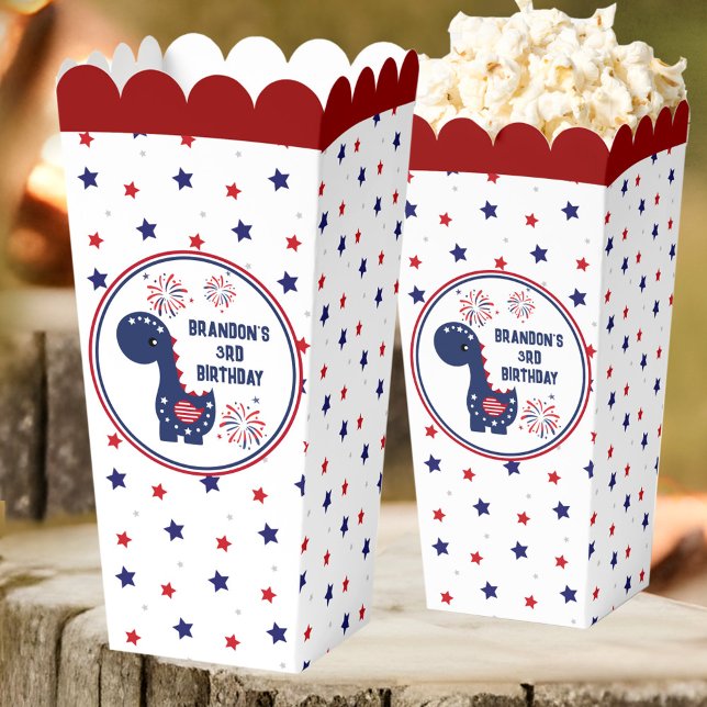 4th of July Patriotic Dinosaur Boy Birthday Favor Boxes (4th of July Patriotic Dinosaur Boy Birthday Popcorn Favor Boxes)