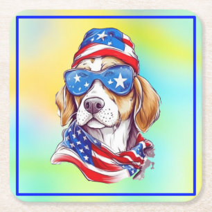 4th Of July Patriotic Dog Design Square Paper Coaster