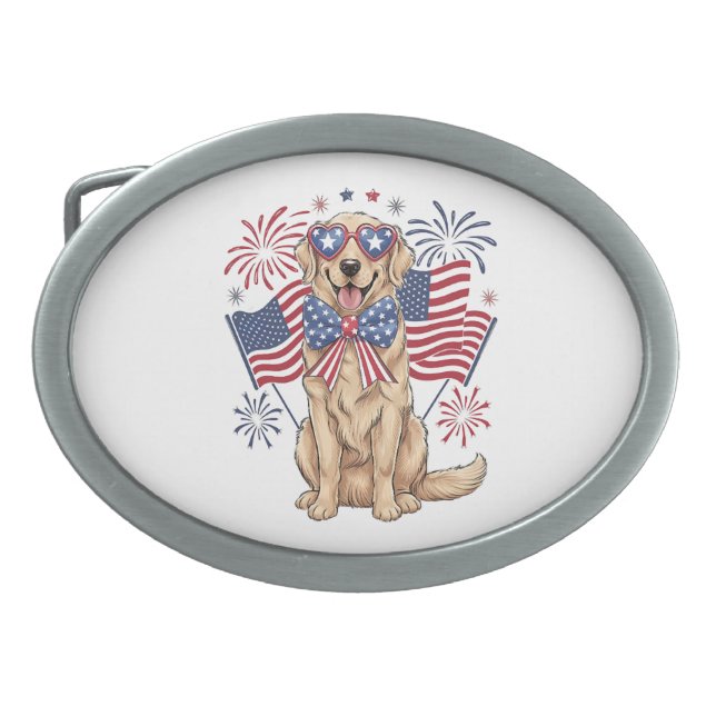 4th of July Patriotic Dog Golden Belt Buckle (Front)