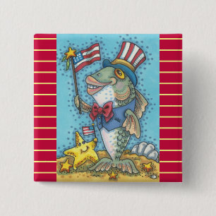 4TH OF JULY PATRIOTIC FISH & STARFISH BUTTON Squ.