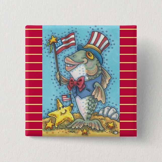 4TH OF JULY PATRIOTIC FISH & STARFISH BUTTON Squ. (Front)