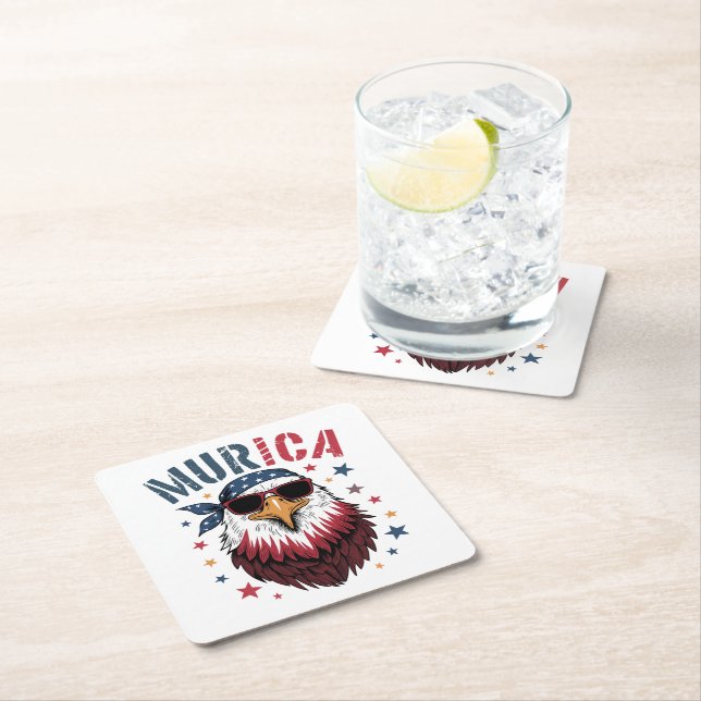 4th of July Patriotic Funny Eagle USA Square Paper Coaster (Insitu)