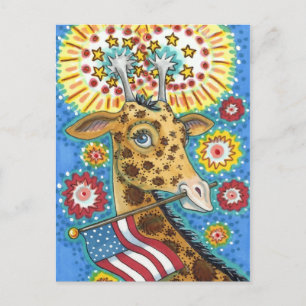4TH OF JULY PATRIOTIC GIRAFFE & FIREWORKS Cute Fun Holiday Postcard