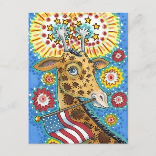 4TH OF JULY PATRIOTIC GIRAFFE  FIREWORKS Cute Fun Holiday Postcard