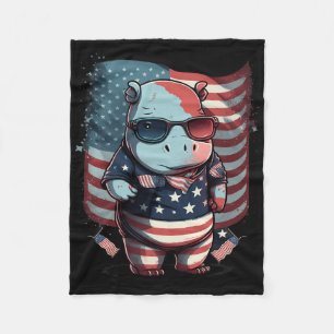 4th Of July Patriotic Hippo Us Flag  Fleece Blanket