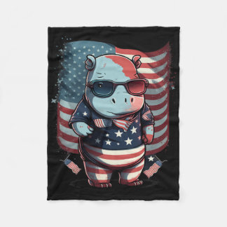 4th Of July Patriotic Hippo Us Flag  Fleece Blanket