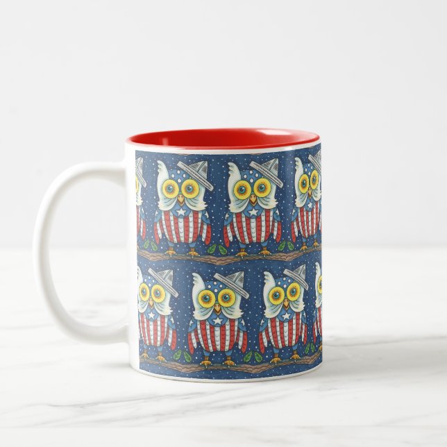 4TH OF JULY PATRIOTIC HOOT OWL, TWO TONE MUG Red (Left)
