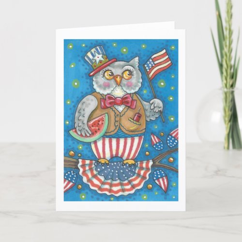4TH OF JULY PATRIOTIC OWL GREETING CARD Blank