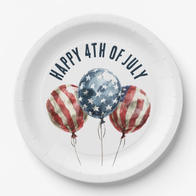4th of July Patriotic Party Balloons Paper Plates (Front)