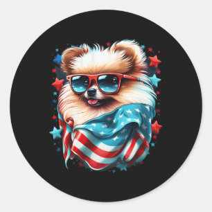 4th Of July Patriotic Pomeranian Dog Us Flag  Classic Round Sticker