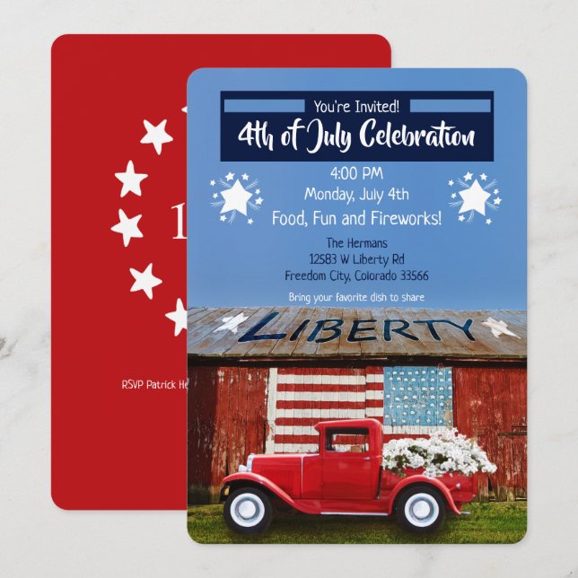 4th of July Patriotic Red Truck Invitation (Front/Back)