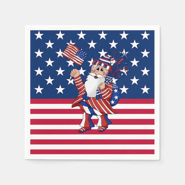 4th Of July Patriotic Red, White & Blue BBQ Santa Napkins (Front)
