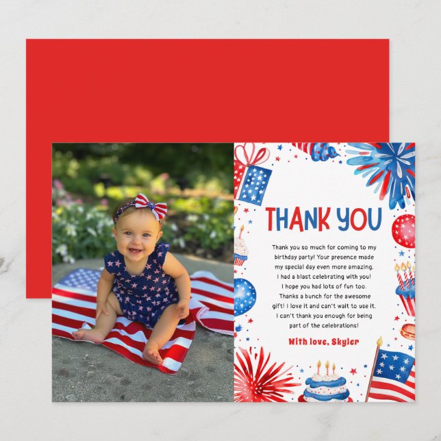 4th Of July Patriotic Red White Blue Birthday Thank You Card (Front/Back)