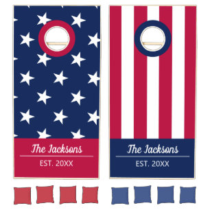 4th of July patriotic red white blue family name Cornhole Set