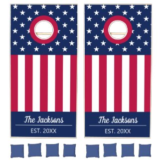 4th of July patriotic red white blue family name Cornhole Set