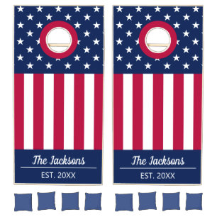 4th of July patriotic red white blue family name Cornhole Set