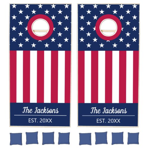 4th of July patriotic red white blue family name Cornhole Set