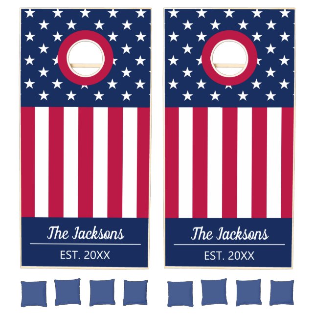 4th of July patriotic red white blue family name Cornhole Set (Set)