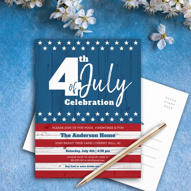 4th of July Patriotic Rustic Wood American Flag Invitation Postcard (Creator Uploaded)