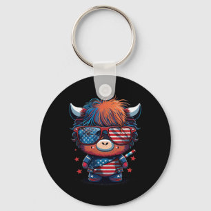 4th Of July Patriotic Scottish Cow Us Flag Keychain
