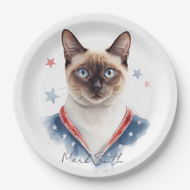 4th of July Patriotic Siamese Cat Lover Paper Plates (Front)