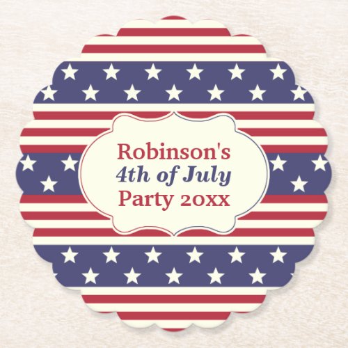 4th of July Patriotic Stars and Stripes Party Name Paper Coaster
