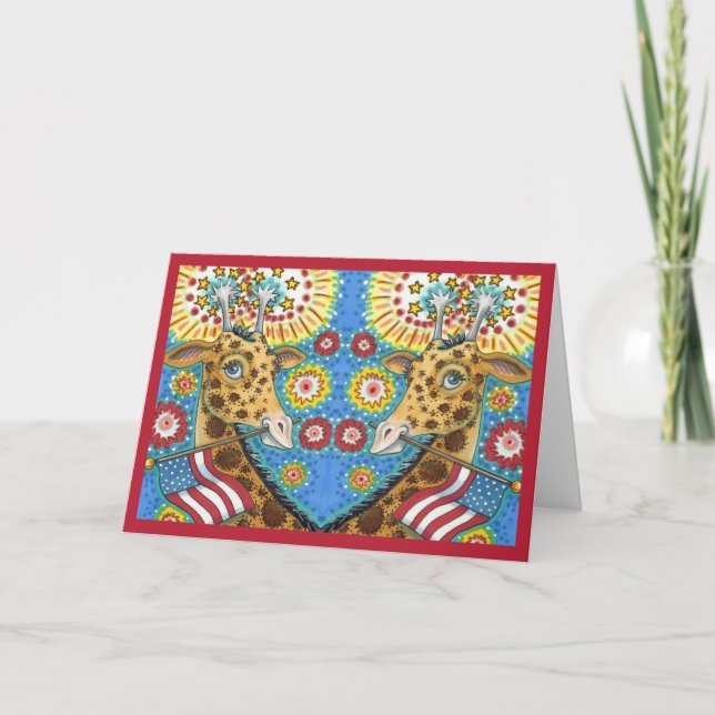 4TH OF JULY PATRIOTIC TWIN GIRAFFES, FIREWORKS Fun Holiday Card (Front)