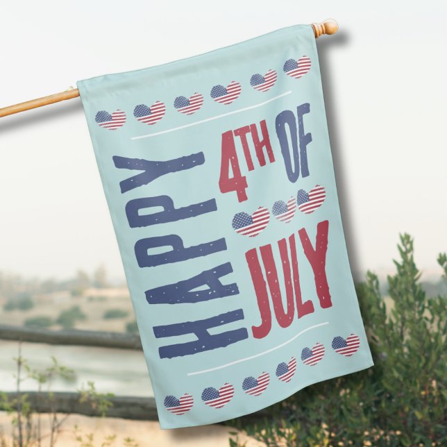 4th Of July Patriotic USA America House Flag (Cute Patriotic USA America Heart 4th Of July House Flag)