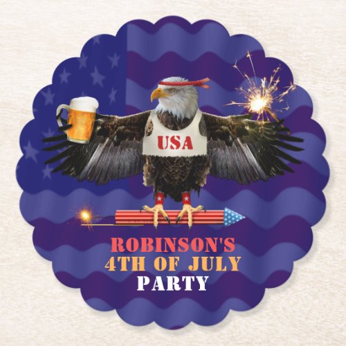 4th of July Patriotic USA Eagle Beer and Fireworks Paper Coaster