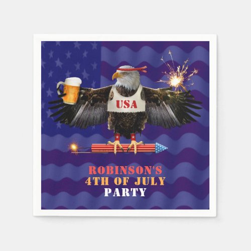 4th of July Patriotic USA Eagle Beer and Fireworks Paper Napkins