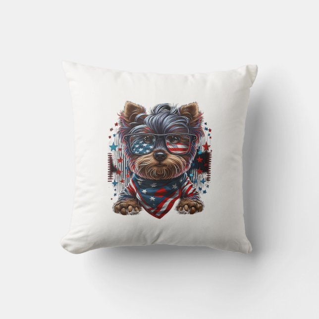4th of July Patriotic Yorkie Dog US Flag  Throw Pillow (Front)