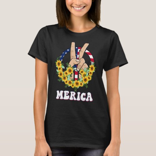 4th Of July Peace Love America Sunflower Hippie Us T_Shirt