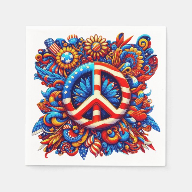 4th of July-Peace Sign-Independence Day-Groovy- Napkins (Front)
