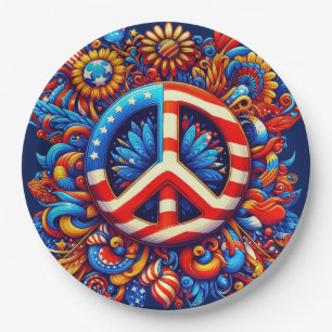 4th of July-Peace Sign-Independence Day-Groovy- Paper Plates