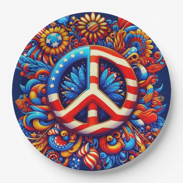 4th of July-Peace Sign-Independence Day-Groovy- Paper Plates (Front)