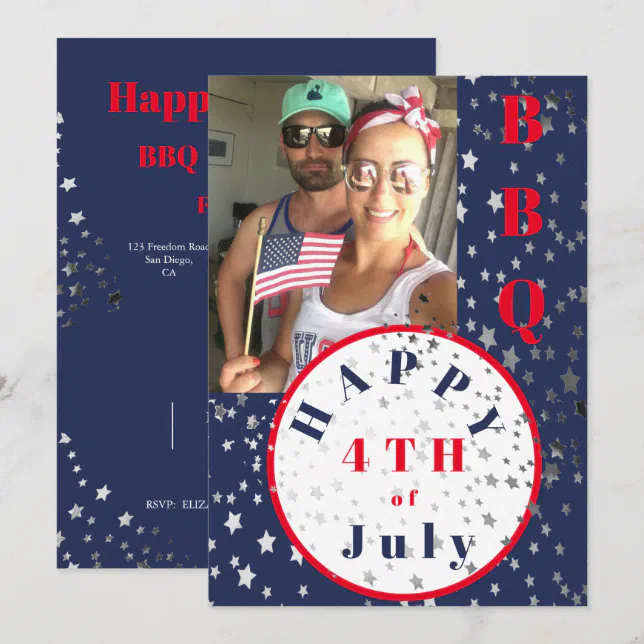 4th of July Photo Red White Blue Stars BBQ Invitation | Zazzle
