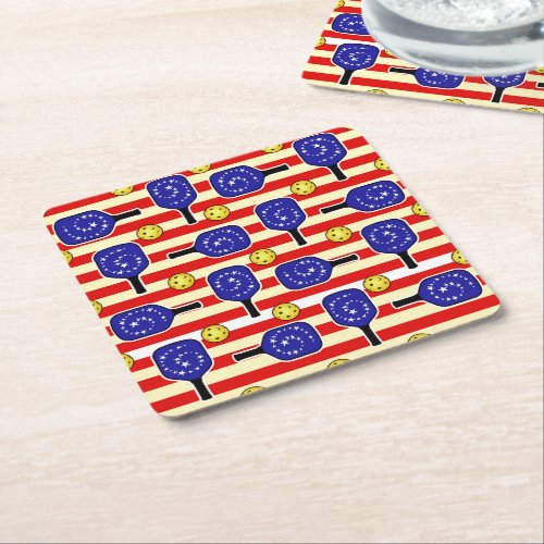 4th of July Pickleball Red White Blue Yellow Balls Square Paper Coaster