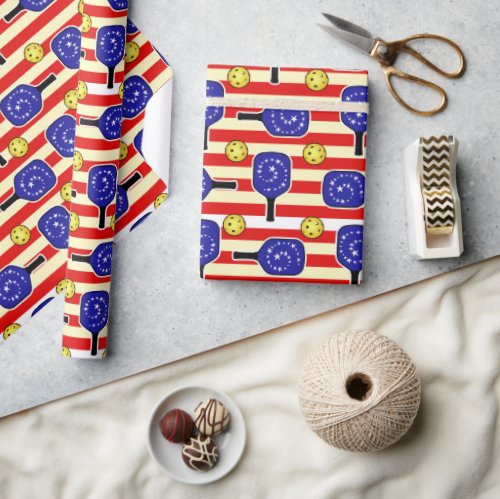 4th of July Pickleball Red White Blue Yellow Balls Wrapping Paper