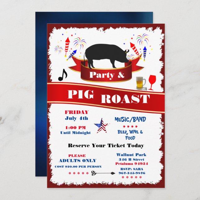 4th of July Pig Roast Party Invitation (Front/Back)