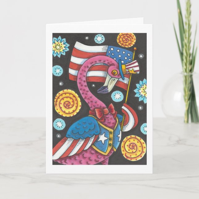 4TH OF JULY PINK FLAMINGO GREETING CARD Verse (Front)