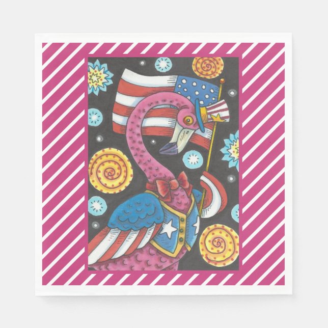 4TH OF JULY PINK FLAMINGO, PATRIOTIC PAPER NAPKINS (Front)