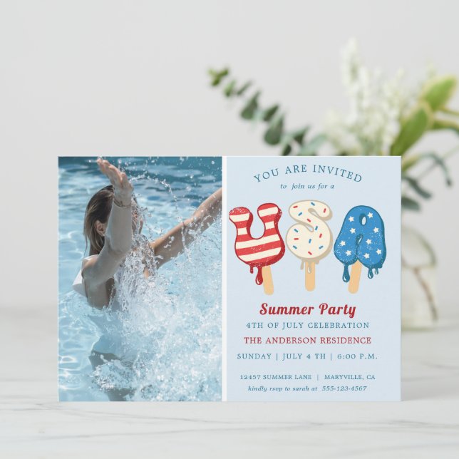 4th of July Pool And Ice Cream Party Invitation (Standing Front)