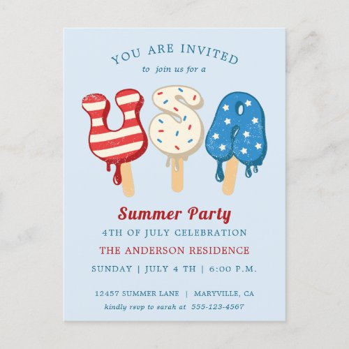 4th of July Pool And Ice Cream Party Invitation Postcard