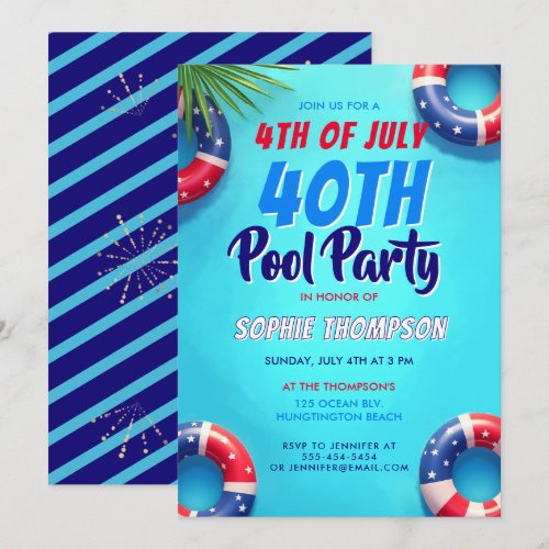 4th of July Pool Party Americana 40th Birthday Invitation