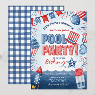 4th of July Pool Party Birthday Invitation Card