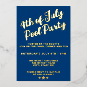 4th Of July Pool Party Blue Elegant Script Foil Invitation