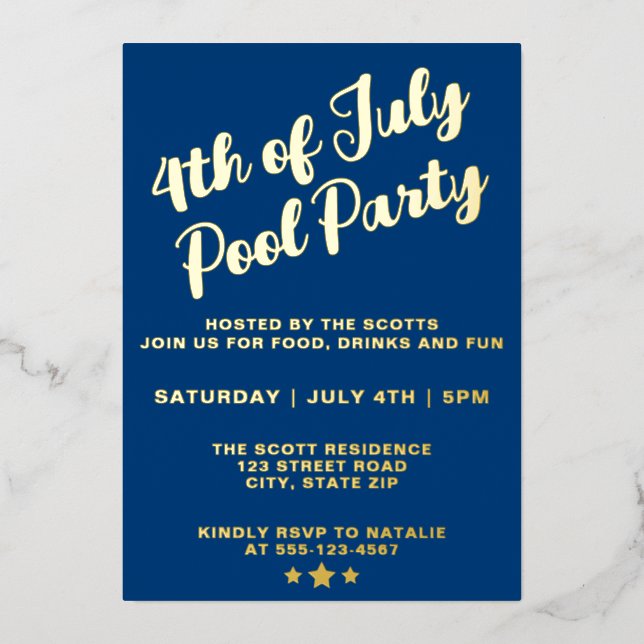 4th Of July Pool Party Blue Elegant Script Foil Invitation (Front)